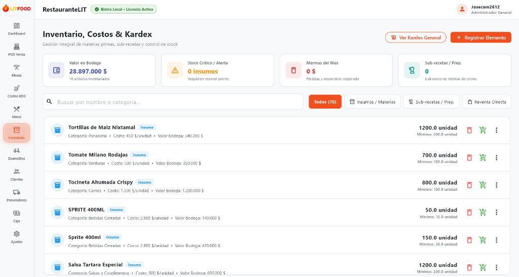 Inventario Costos y Kardex LitFood