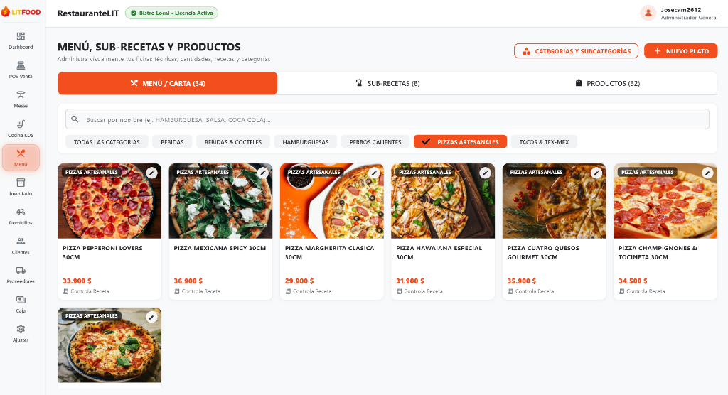 Menú y Fichas Técnicas LitFood POS